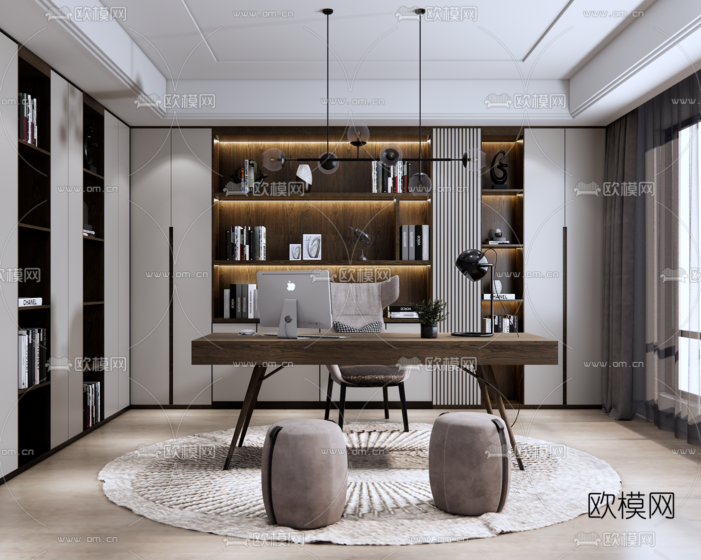 现代书房su模型下载