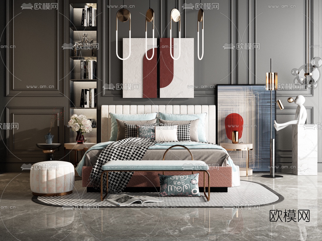 现代布艺双人床3d模型下载