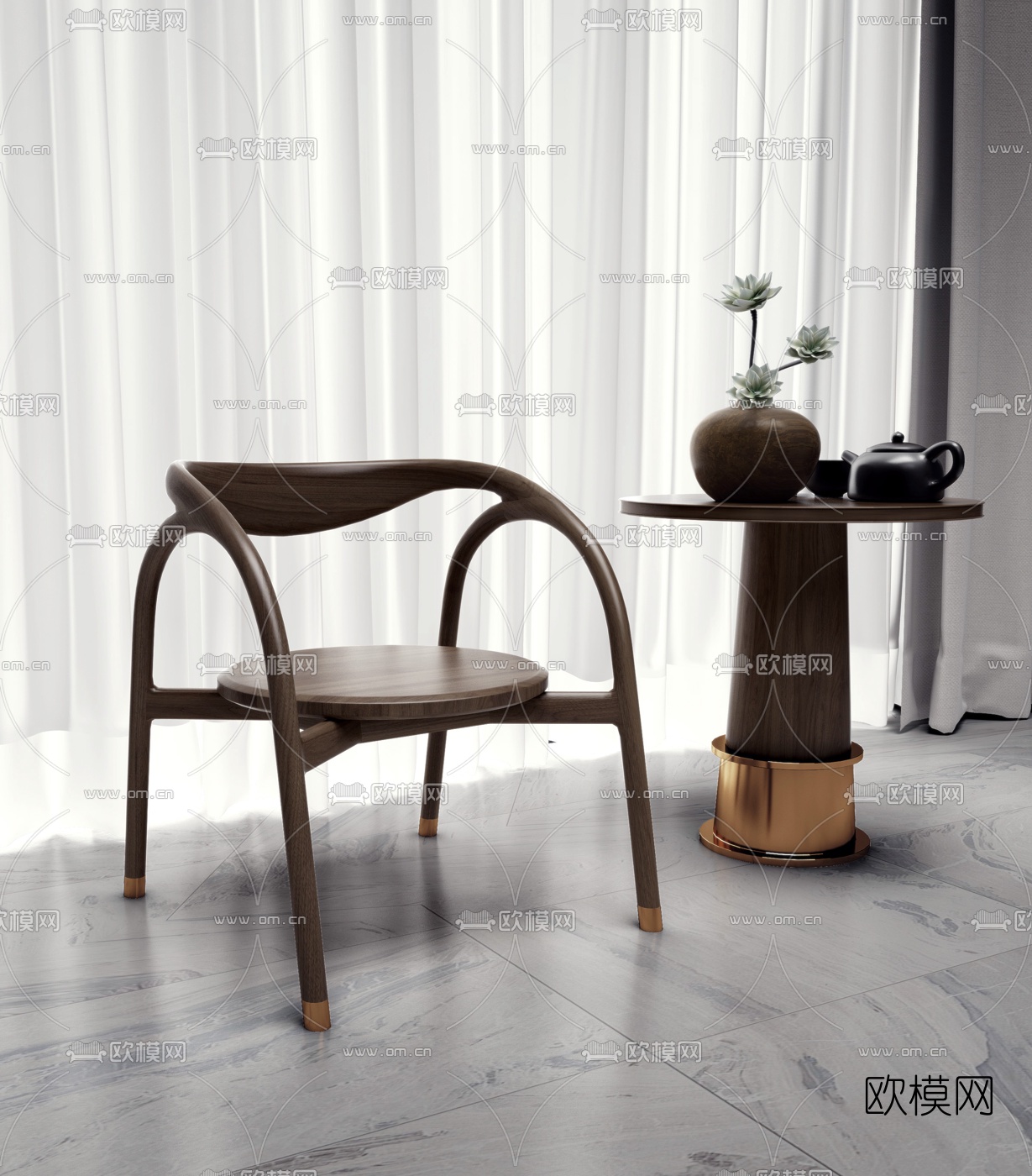 新中式实木休闲椅边几3d模型下载_ID10160703_3dmax免费模型-欧模网