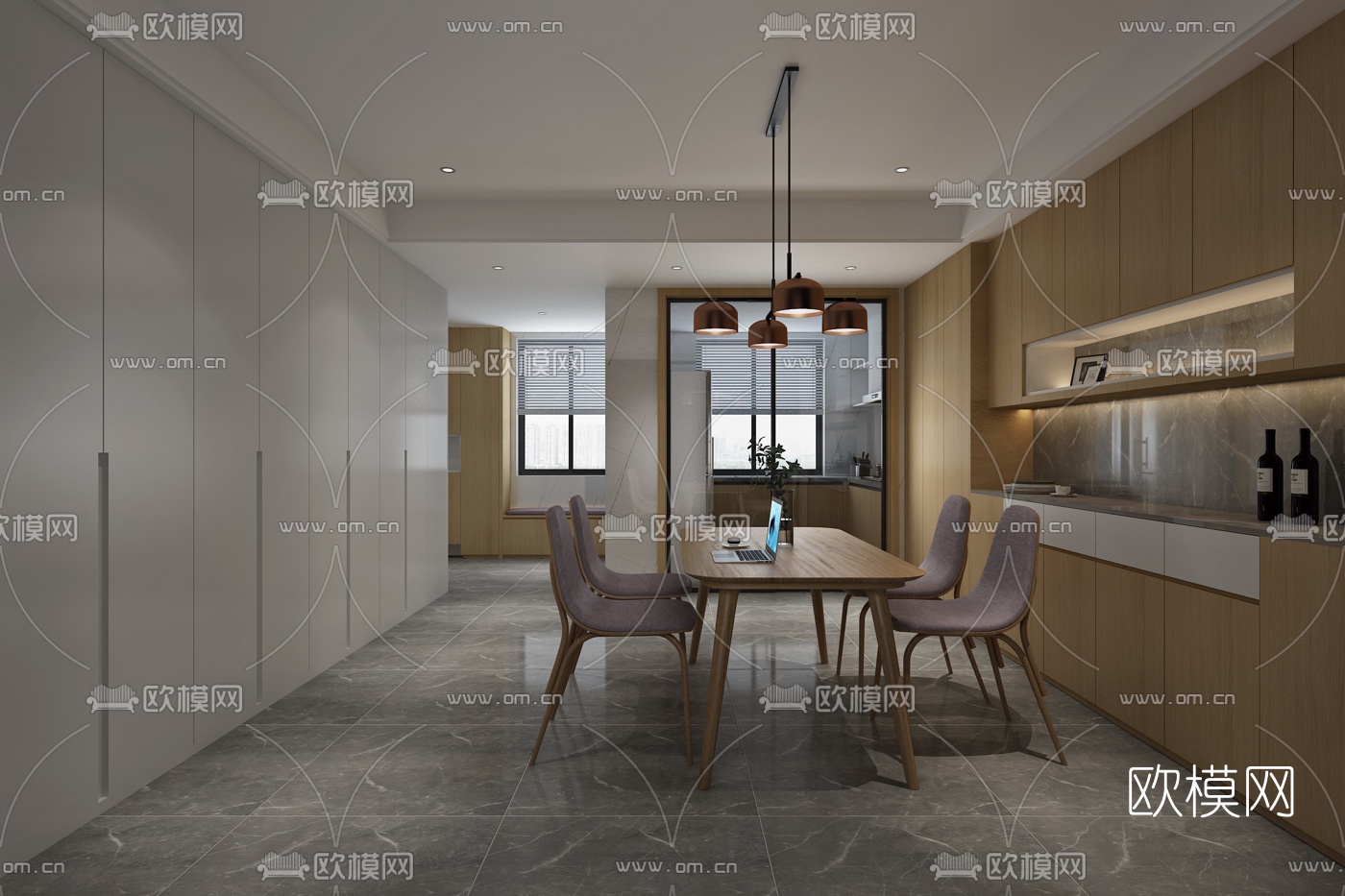 现代餐厅厨房免费3d模型下载（渲染图1）