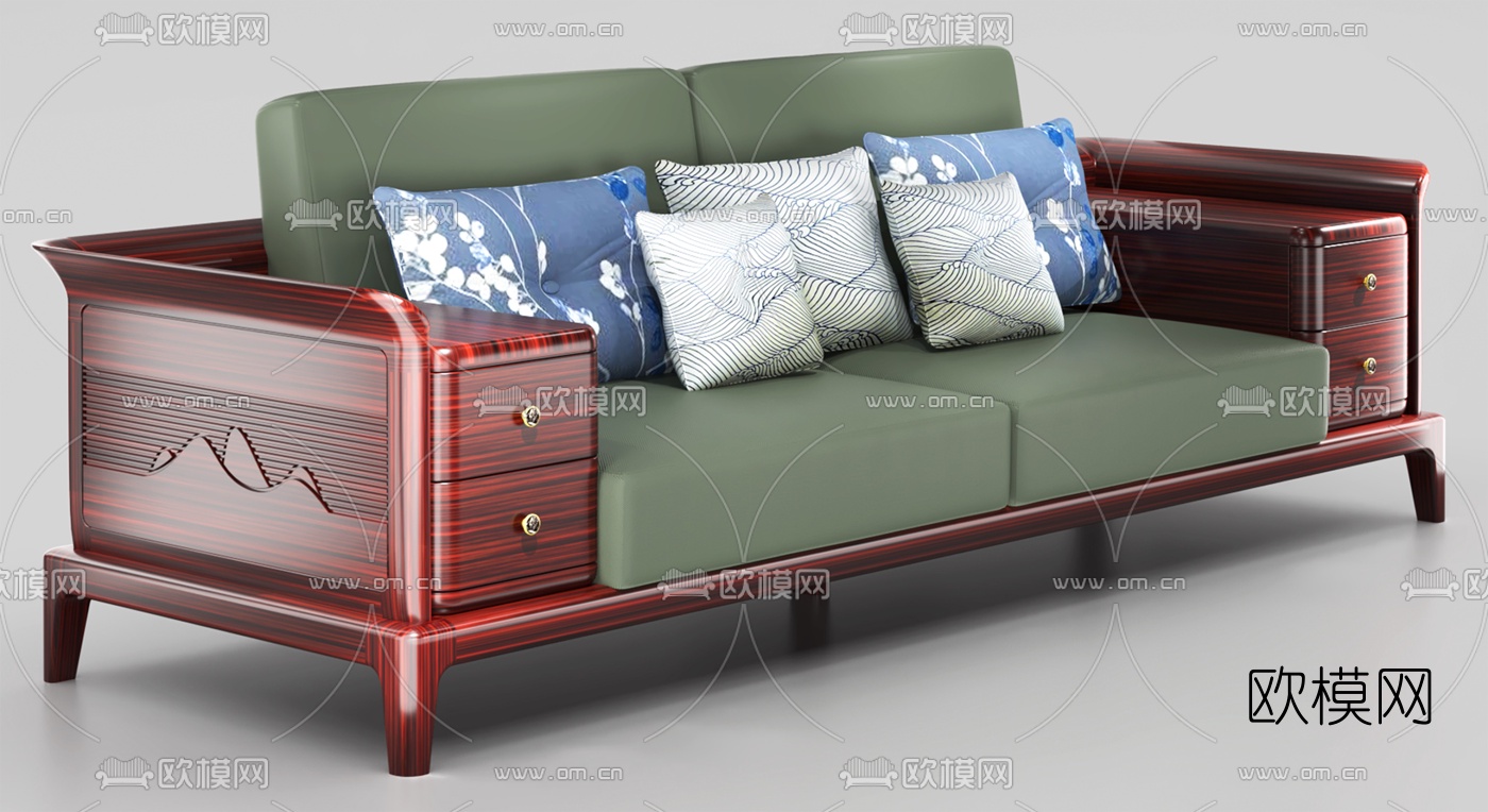 新中式实木双人沙发3d模型下载（渲染图1）