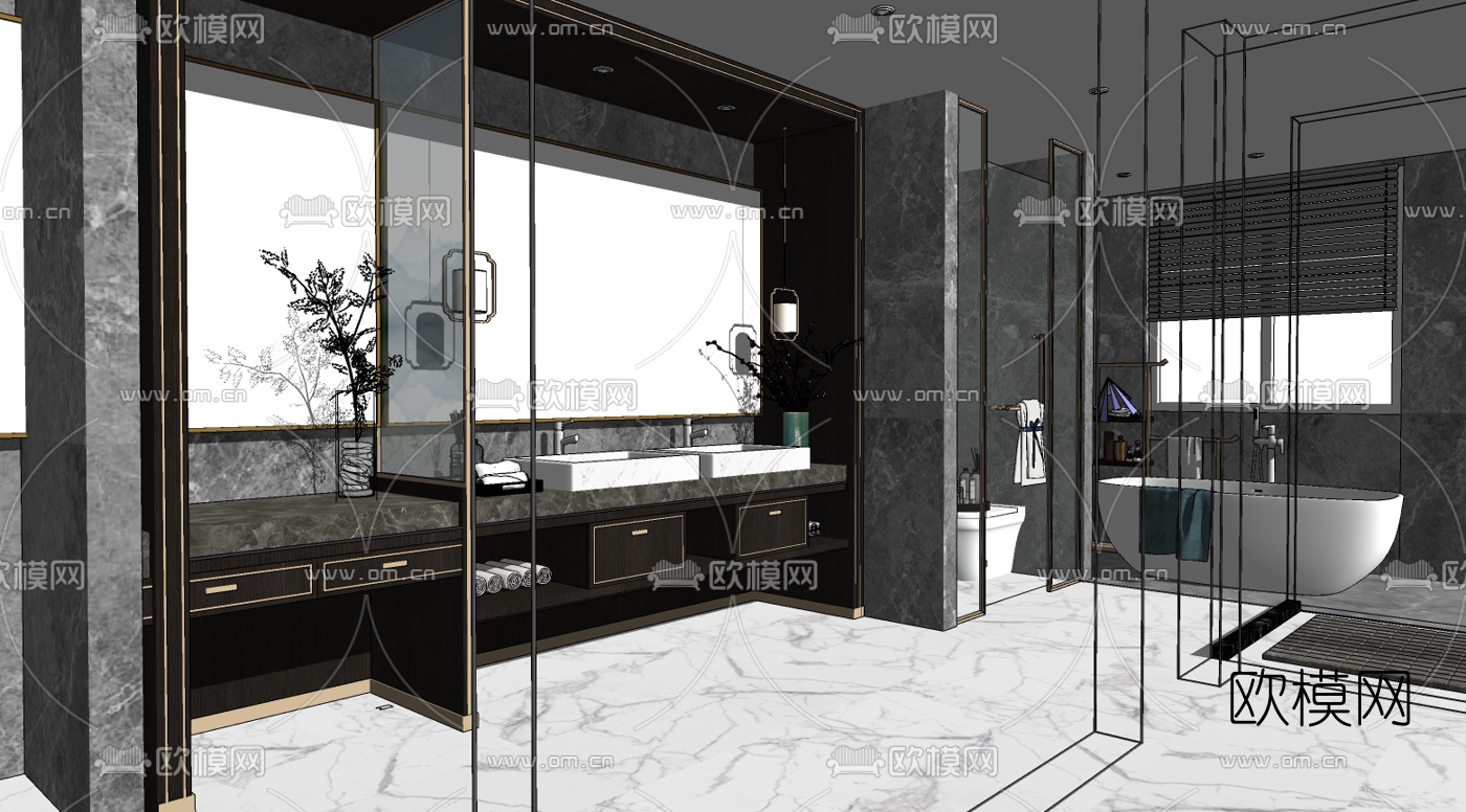 新中式浴室卫生间su模型下载（渲染图2）