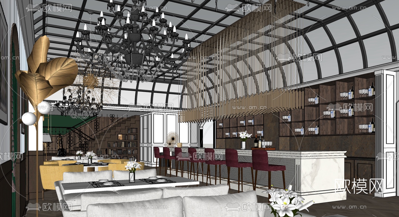 欧式西餐厅su模型下载（渲染图2）