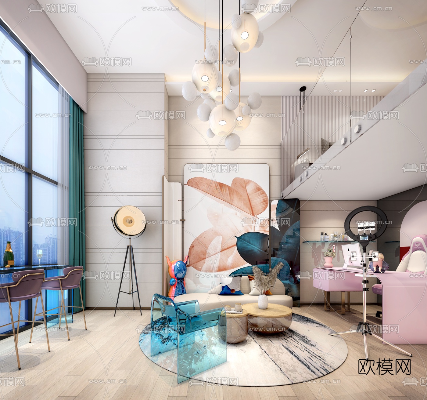 现代复式公寓客厅卧室3d模型