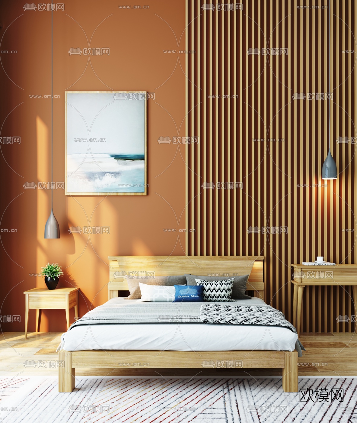 北欧原木双人床3d模型下载