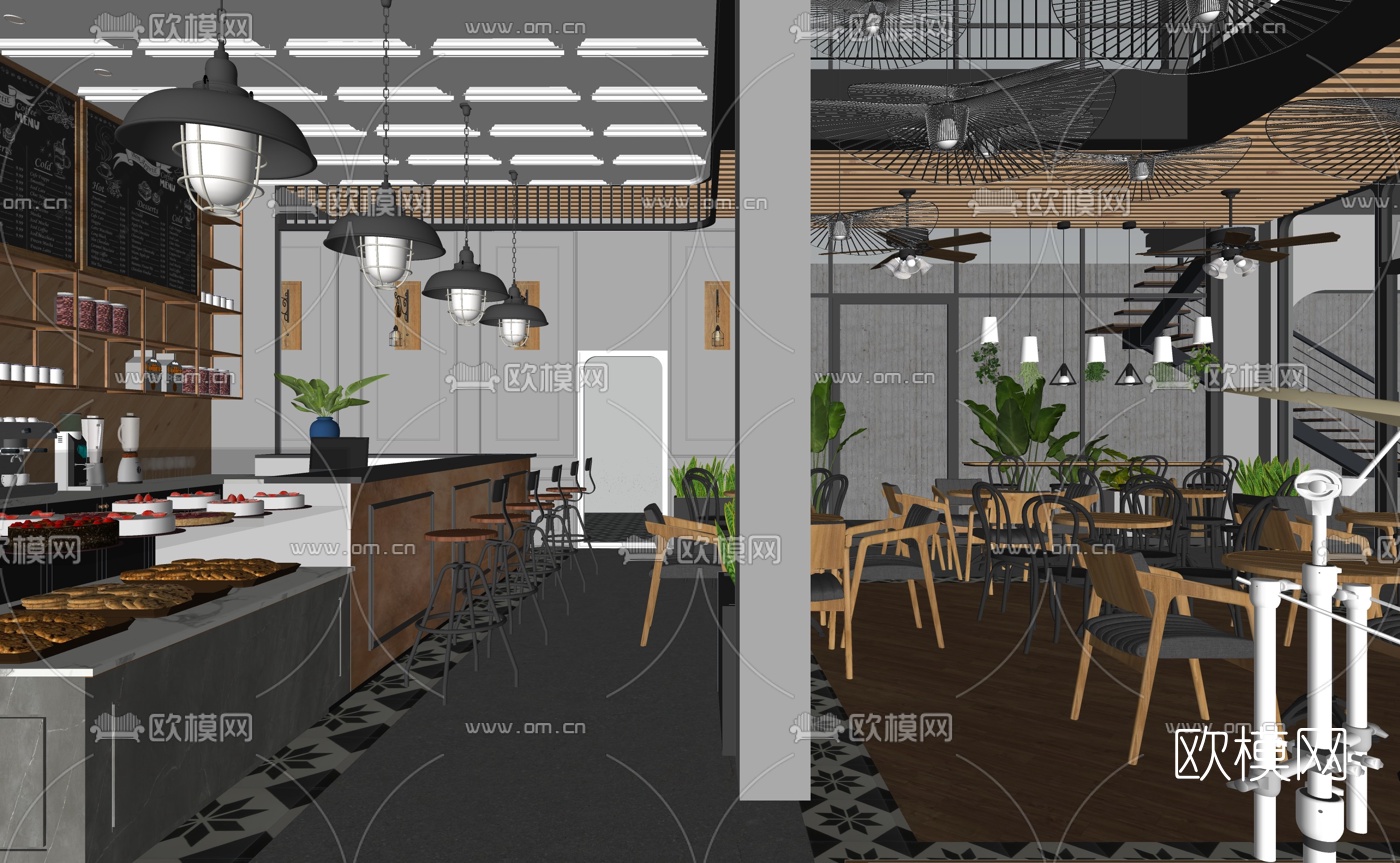 工业风咖啡厅su模型下载（渲染图2）