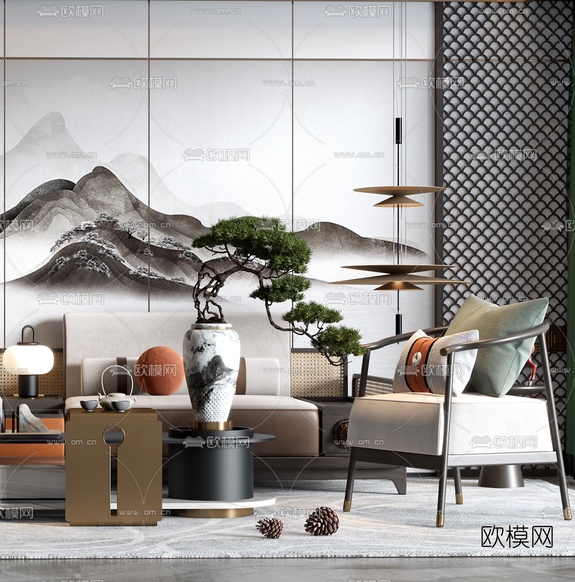 新中式轻奢沙发组合3d模型下载(渲染图3)