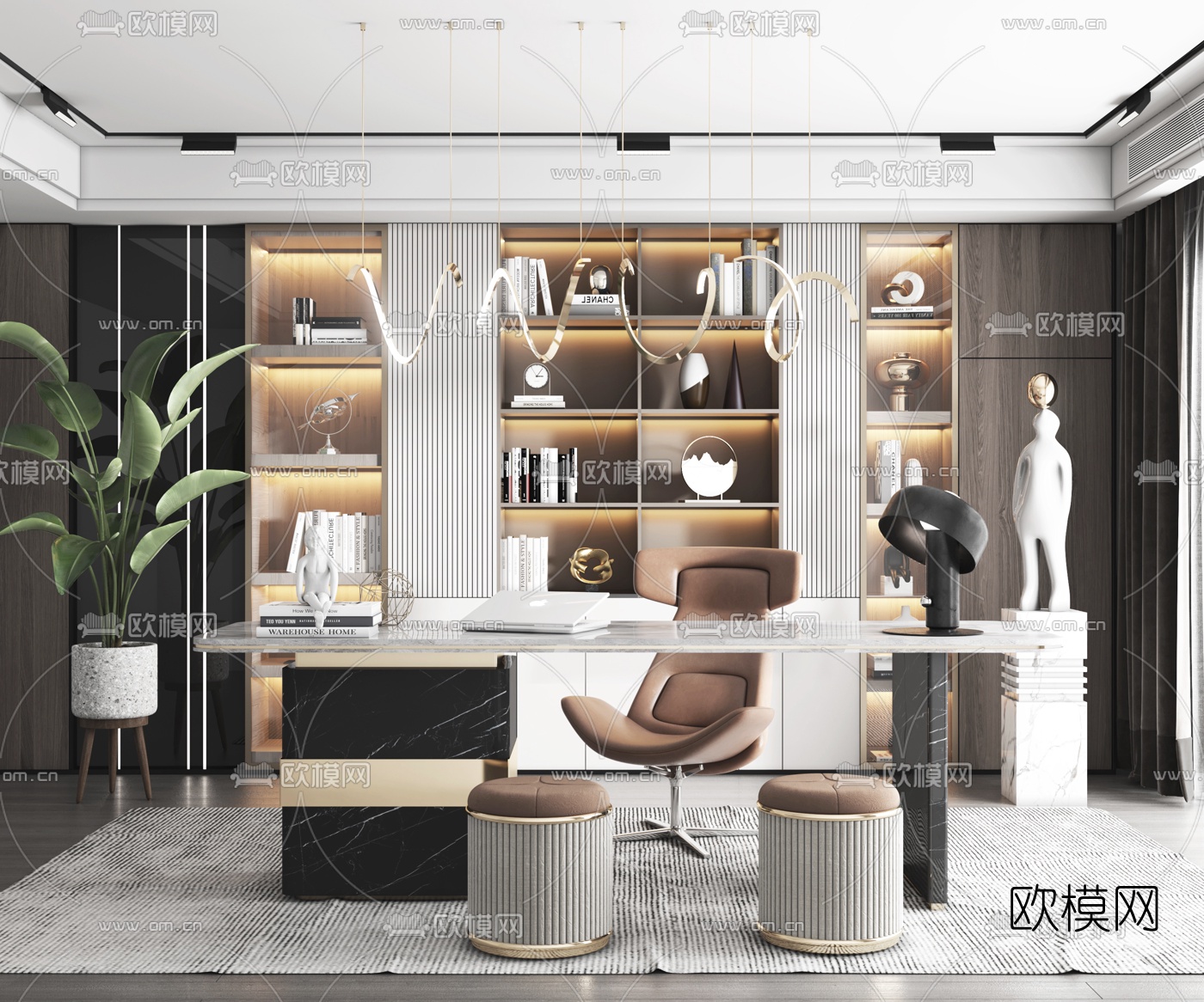 现代轻奢书房3d模型下载（渲染图1）