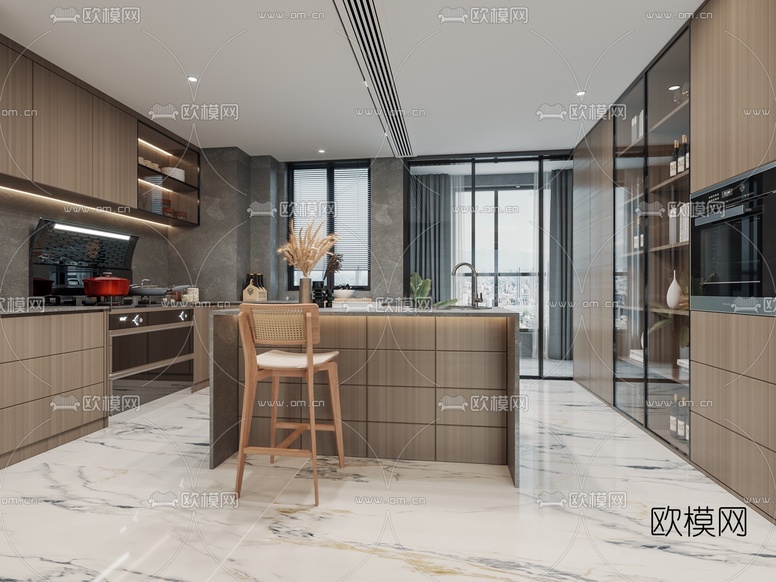 现代简约客厅餐厅3d模型下载(渲染图2)