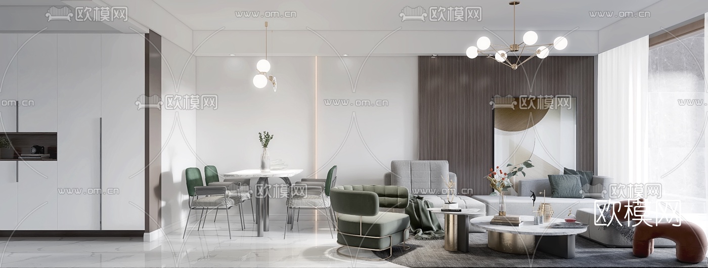 现代轻奢客厅餐厅3d模型下载（渲染图3）