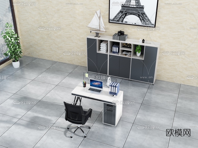 现代屏风卡位办公桌椅3d模型下载(渲染图4)
