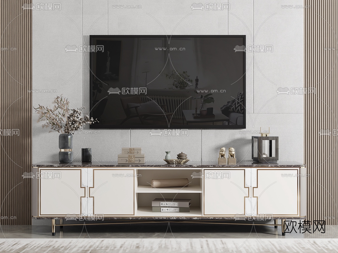 新中式大理石电视柜3d模型下载