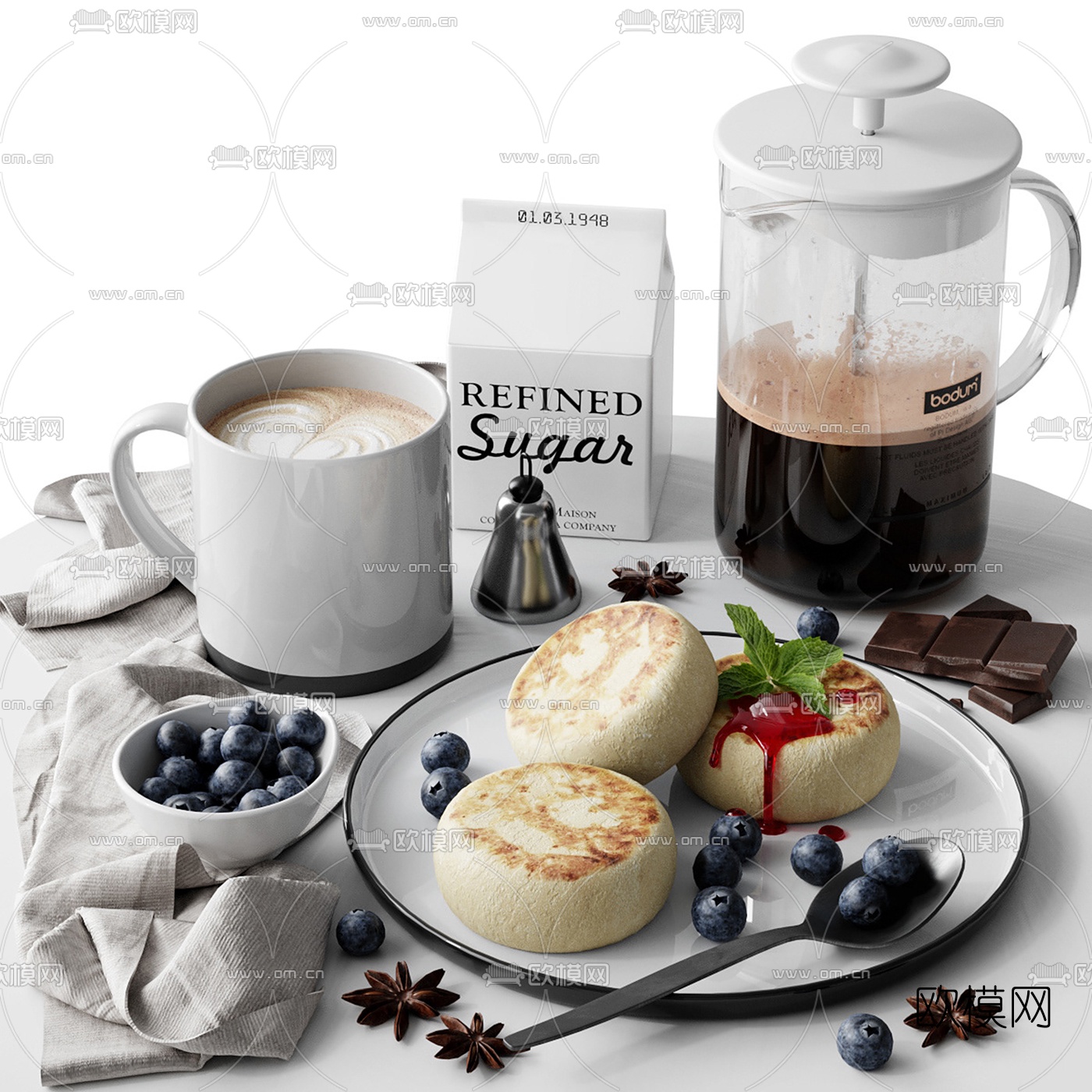 北欧咖啡舒芙蕾早餐3d模型下载（渲染图1）