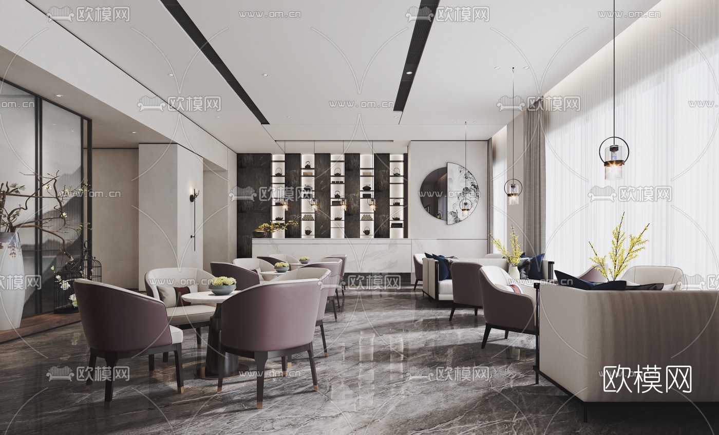 新中式售楼处接待处3d模型下载（渲染图1）