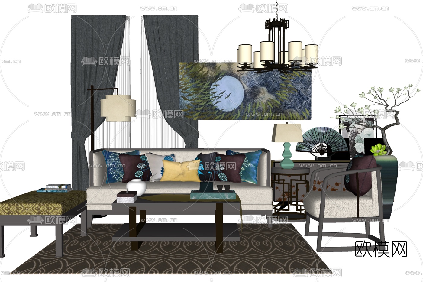 新中式布艺组合沙发免费su模型下载