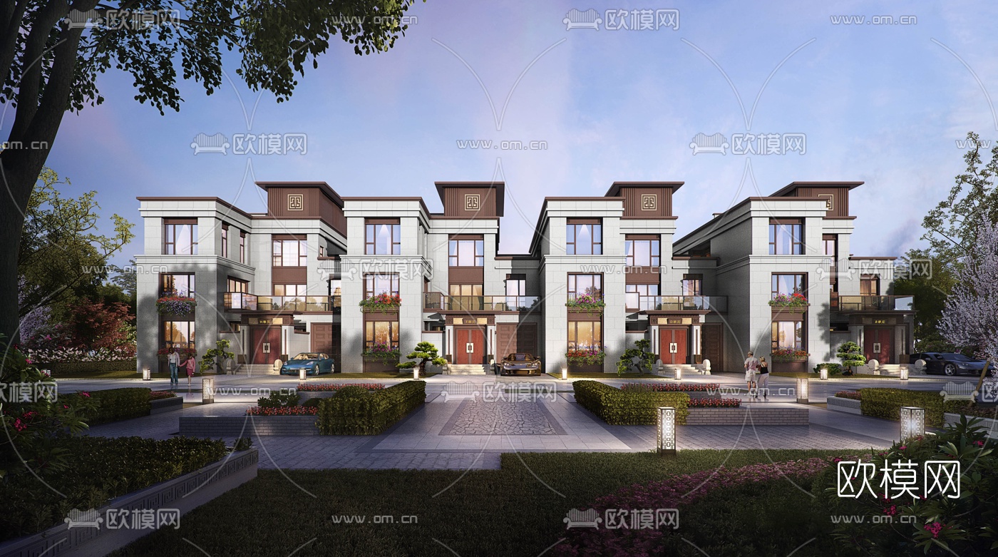 新中式联排别墅外观3d模型下载