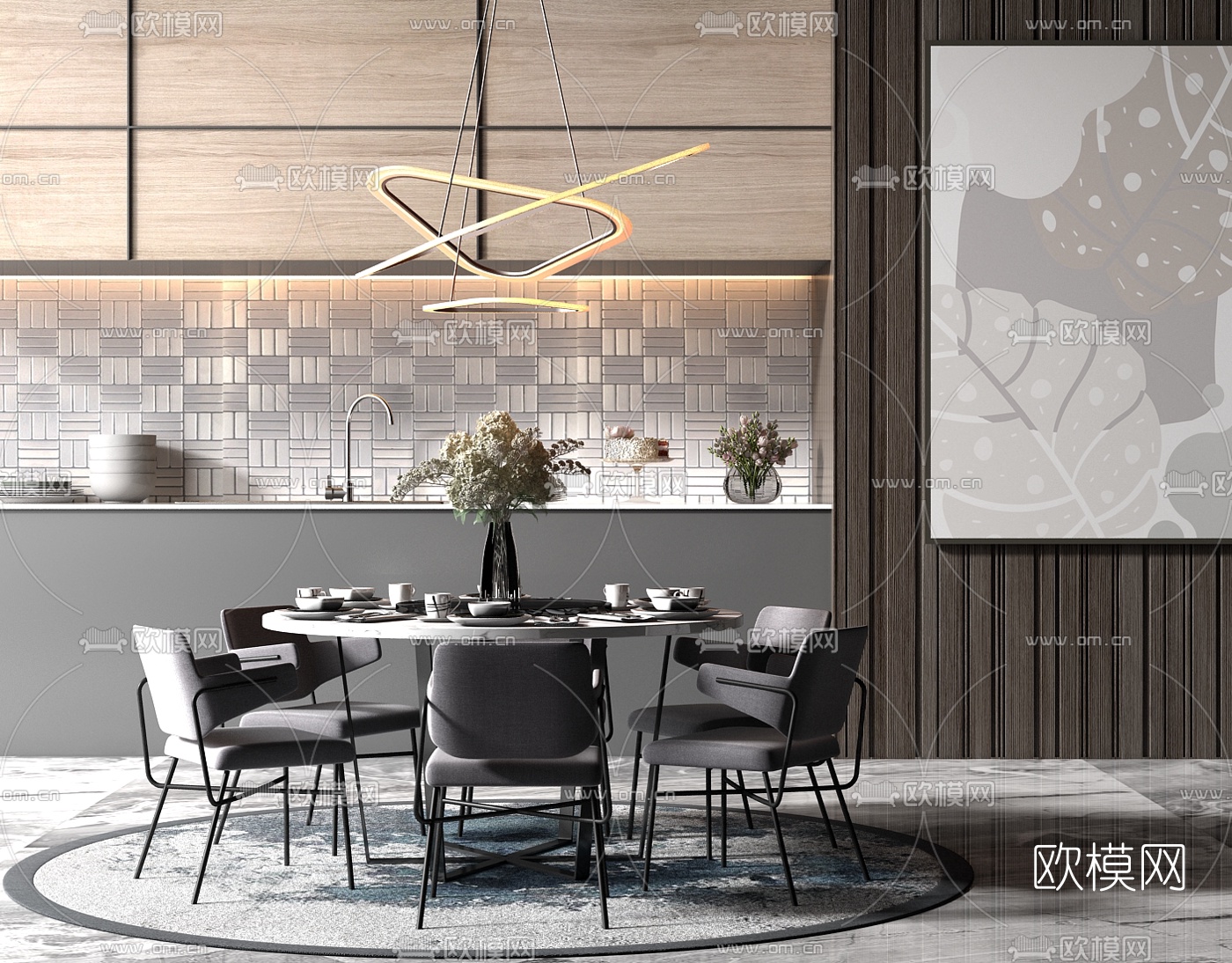 现代轻奢圆形餐桌椅3d模型下载