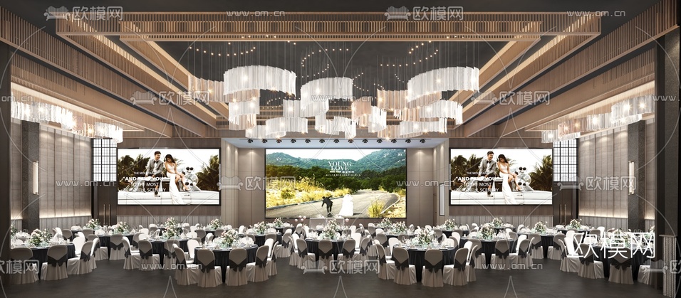 新中式轻奢酒店宴会厅3d模型下载(渲染图2)