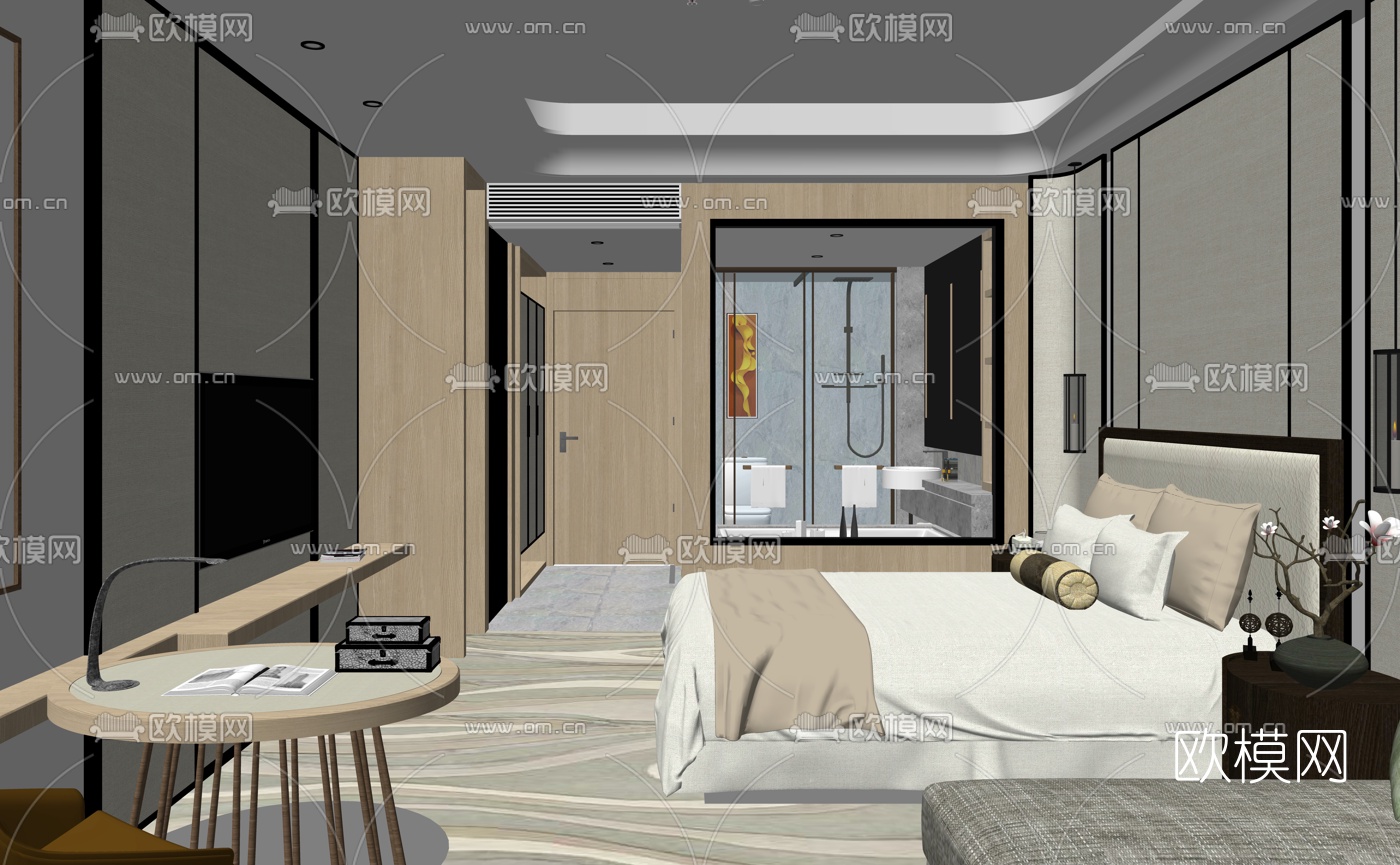 新中式酒店客厅su模型下载