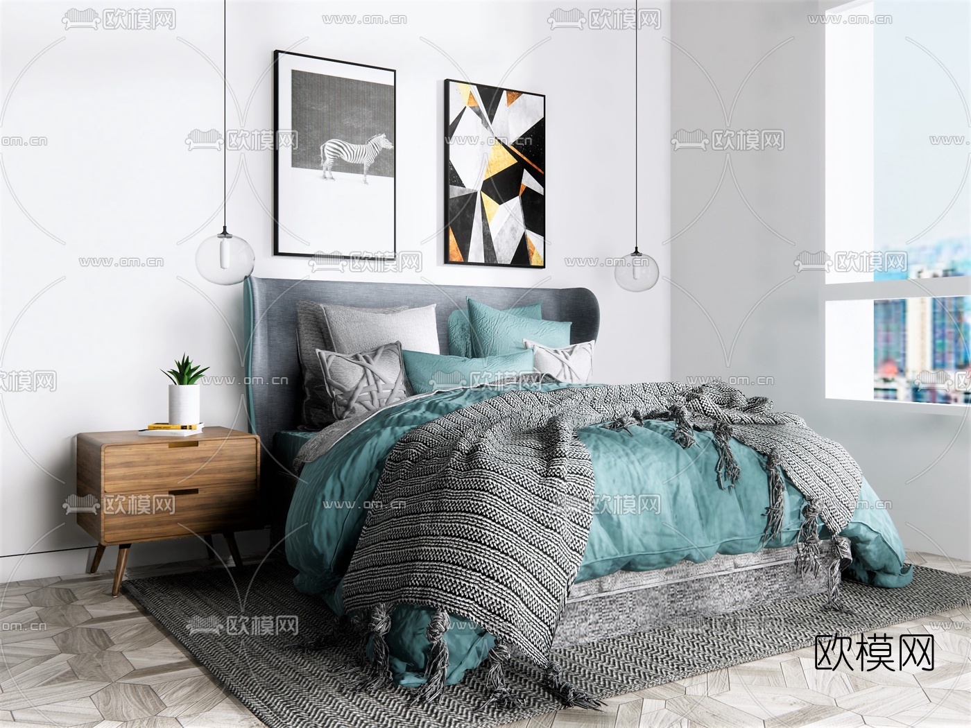 北欧布艺双人床su模型下载