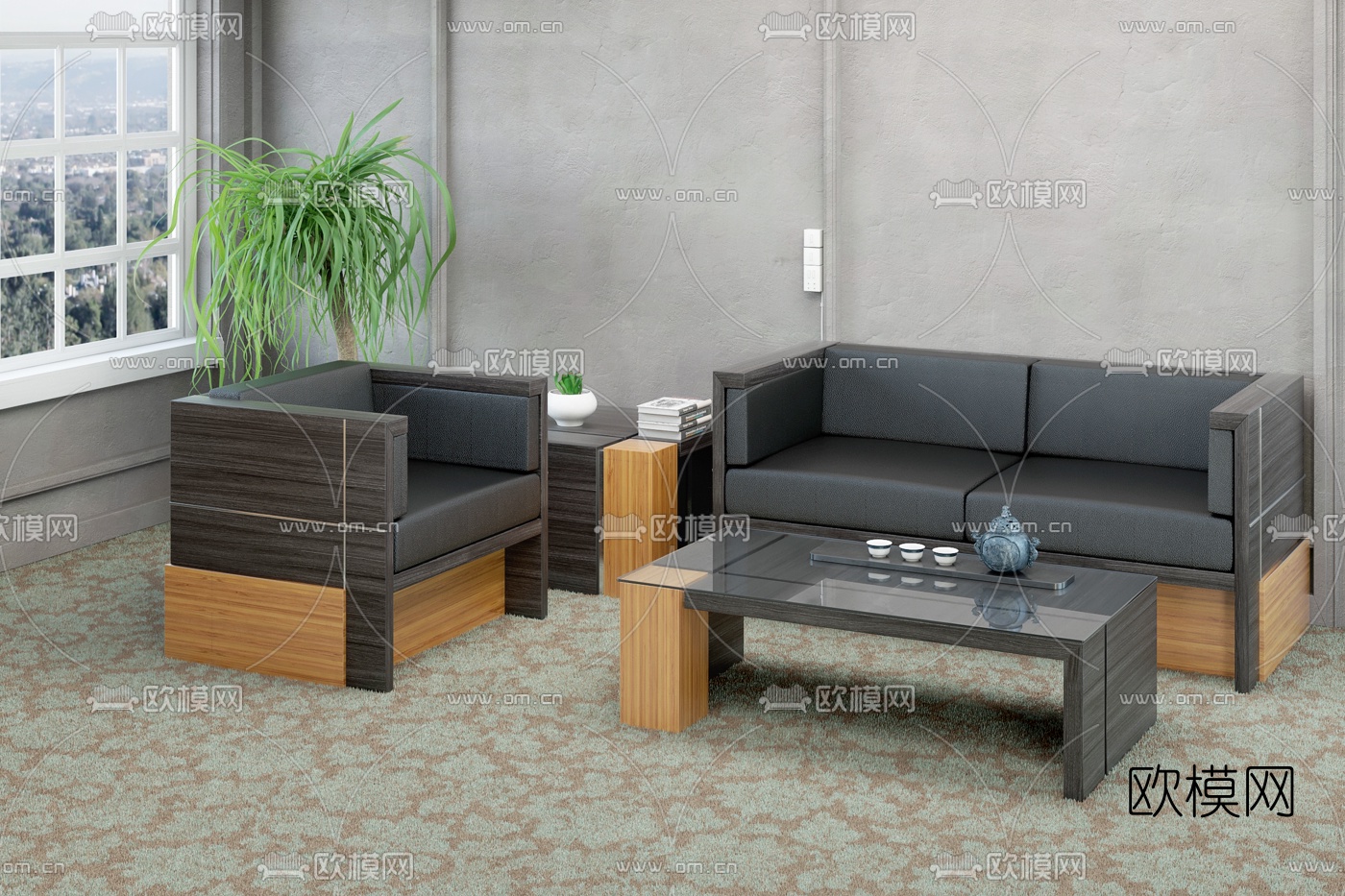 现代大班台会议桌文件柜3d模型下载（渲染图4）