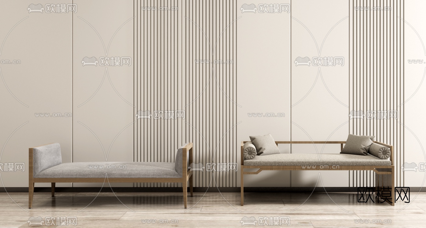 新中式布艺床尾凳su模型下载（渲染图1）