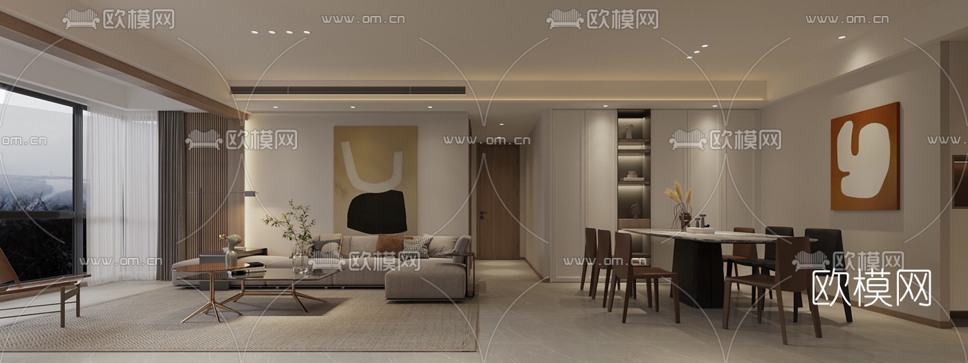 现代客厅餐厅免费3d模型下载（渲染图1）