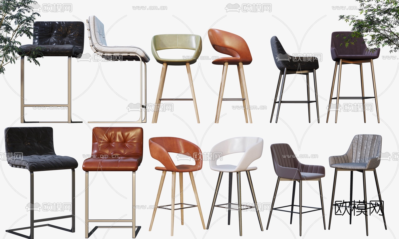 现代皮革吧台椅3d模型下载（渲染图1）