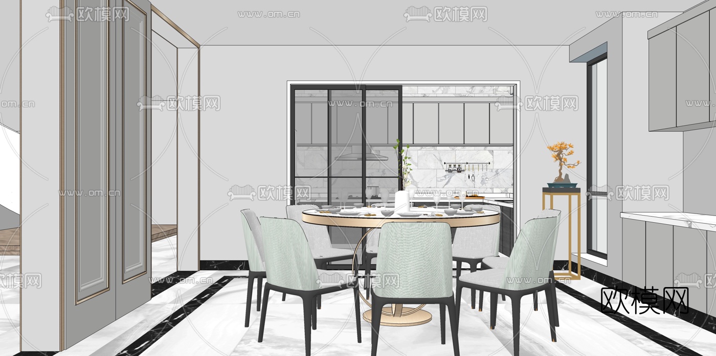 现代轻奢餐厅su模型下载（渲染图1）
