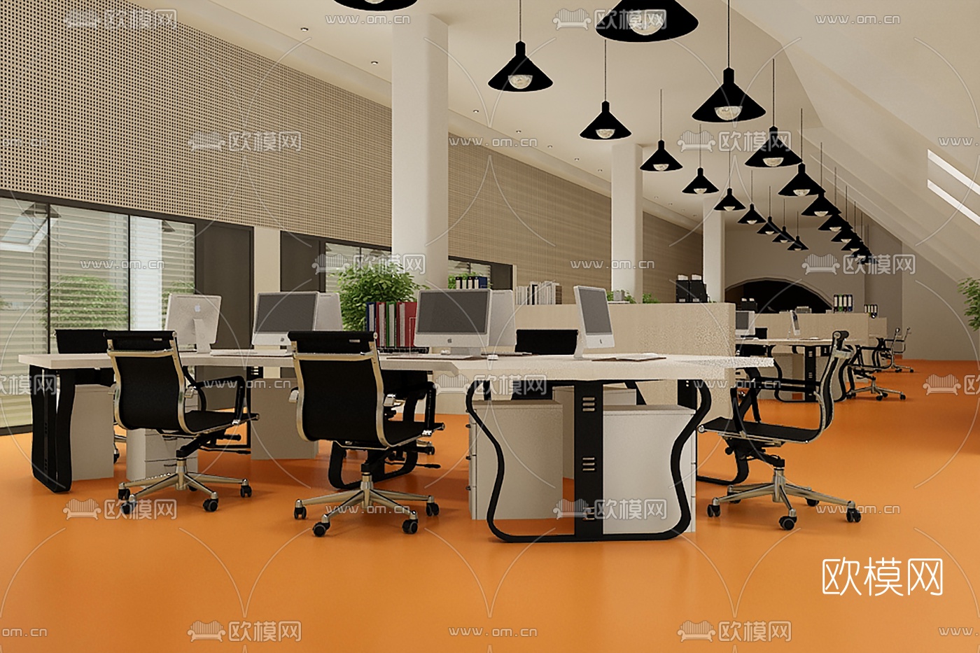 现代敞开式办公室免费3d模型下载（渲染图2）
