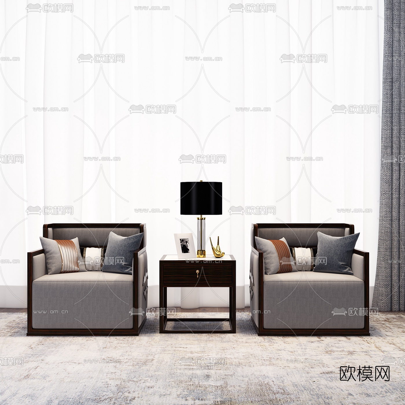 新中式布艺单人沙发边几3d模型下载（渲染图1）