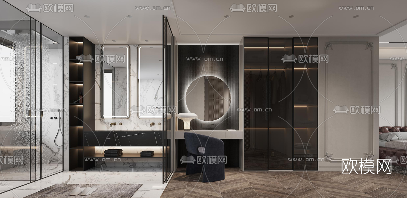 简欧卧室卫生间3d模型下载（渲染图2）