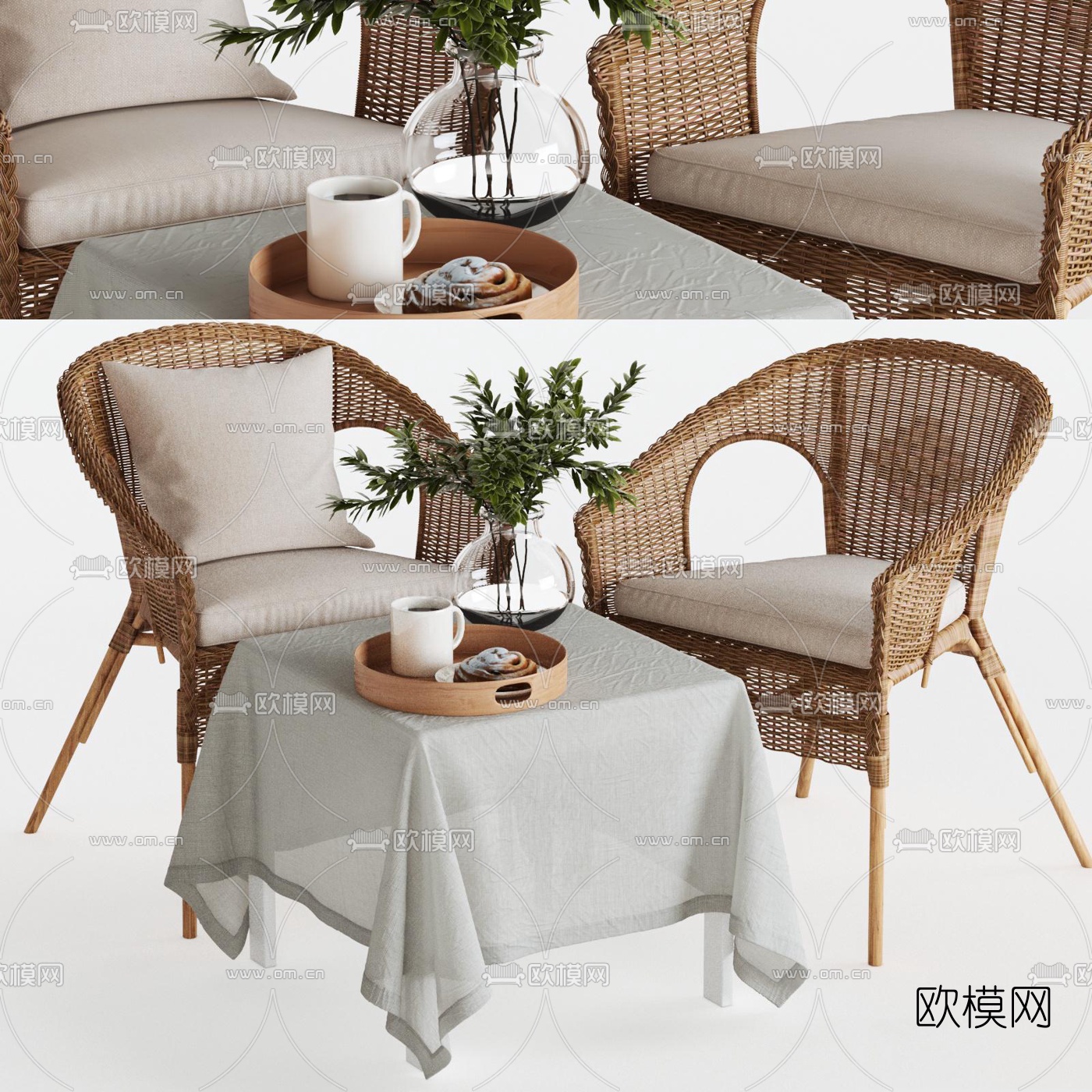 现代藤编户外休闲椅茶几3d模型