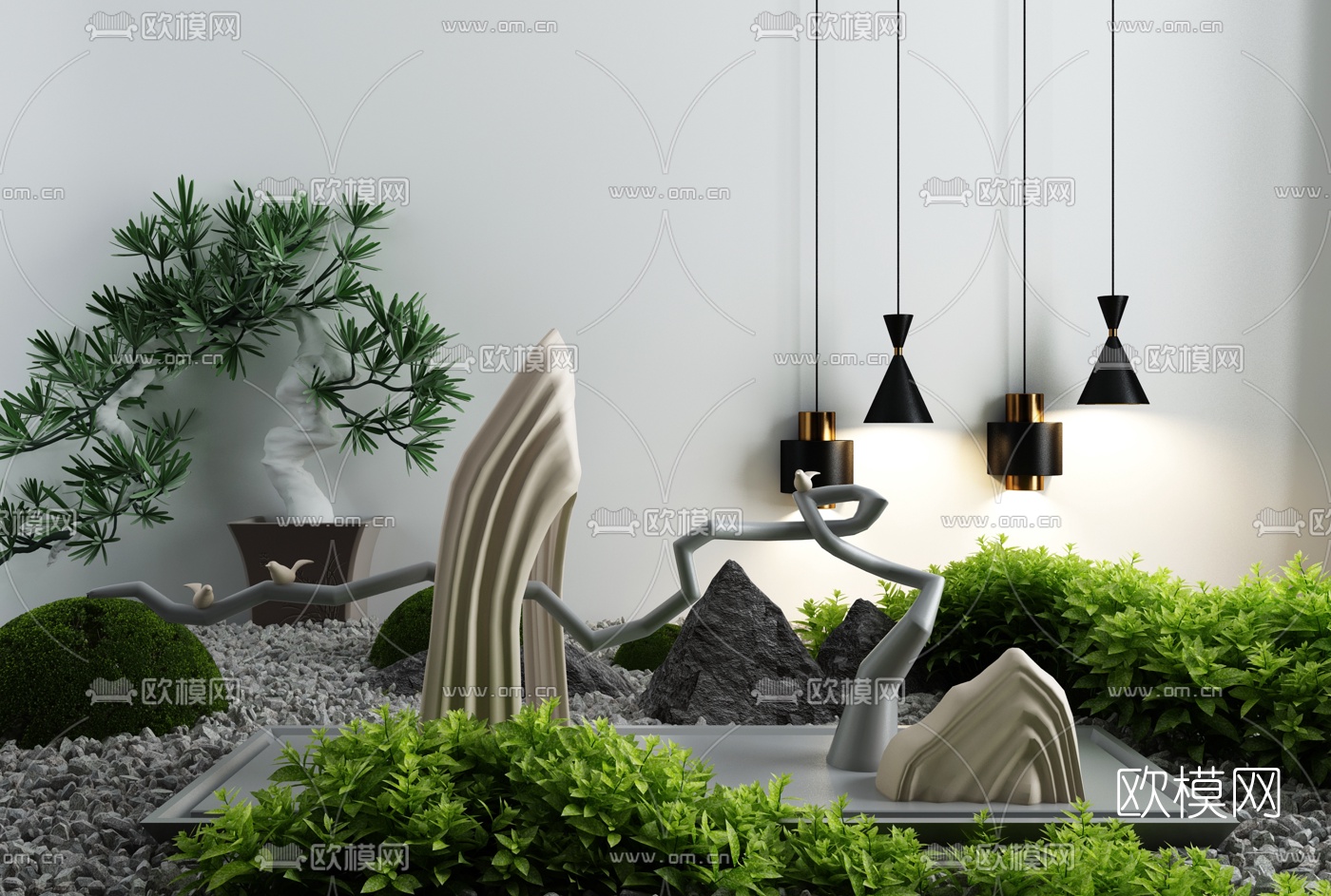新中式灌木山石景观小品3d模型
