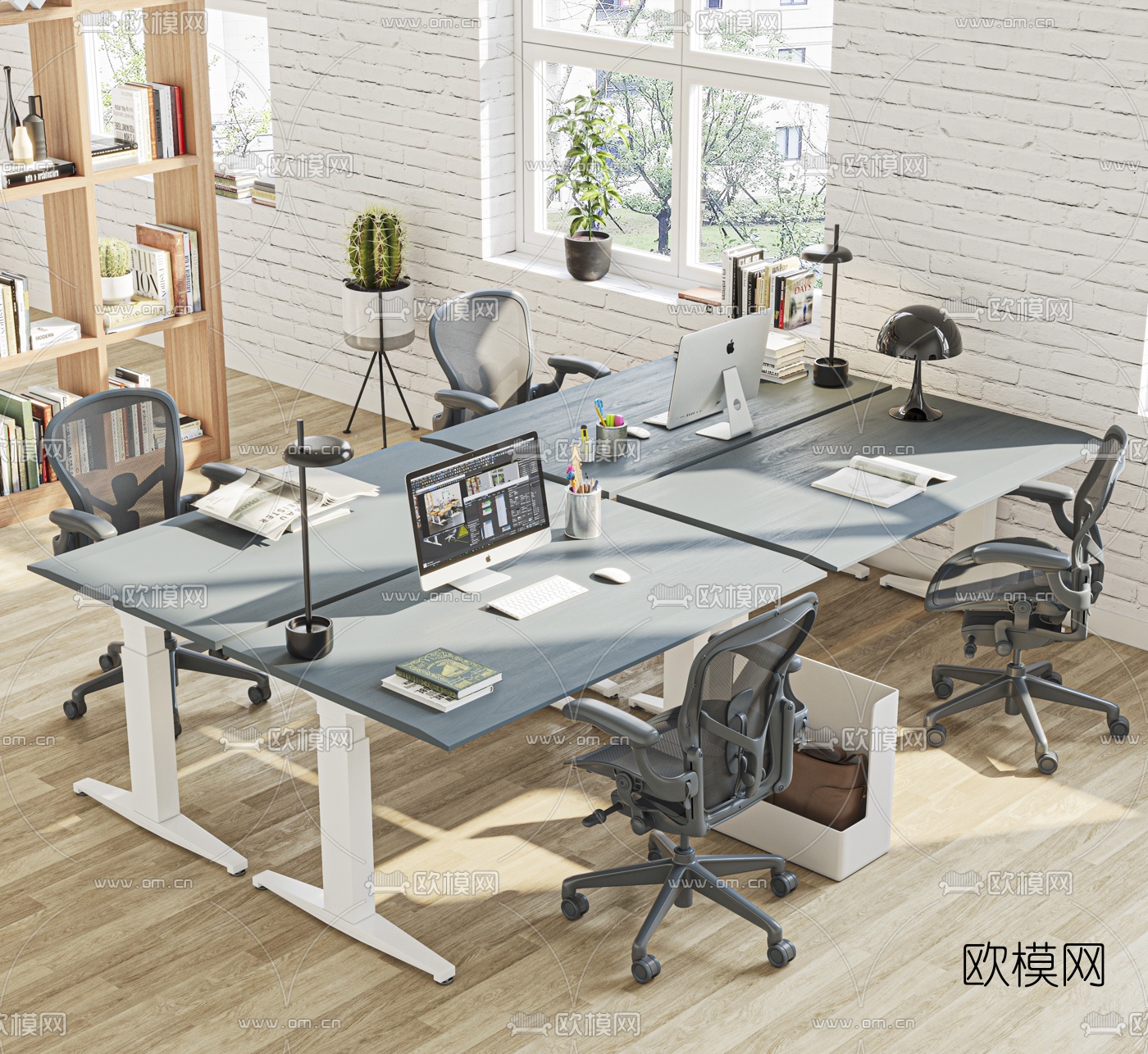 北欧屏风卡位办公桌3d模型下载（渲染图1）