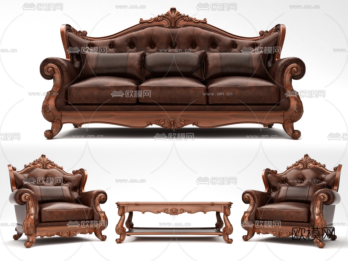 美式皮革单人多人沙发3d模型下载（渲染图1）