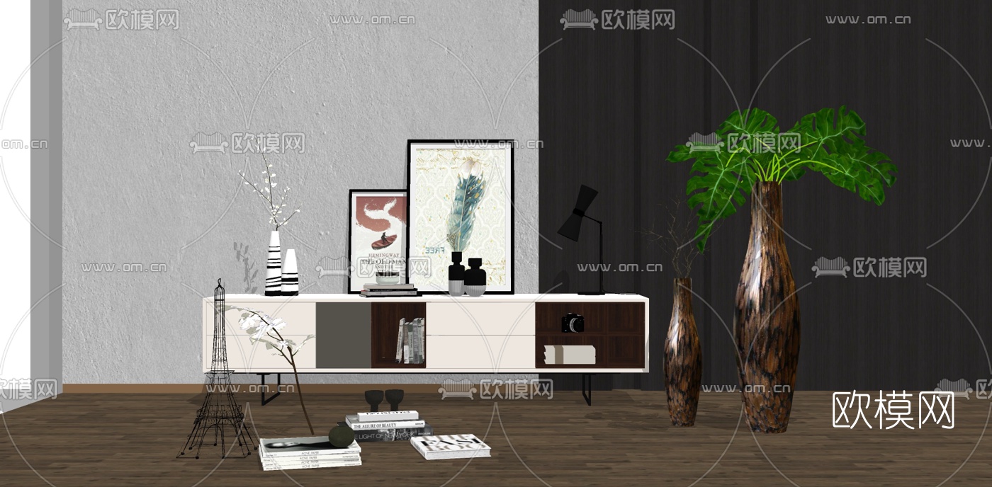 北欧原木电视柜su模型下载