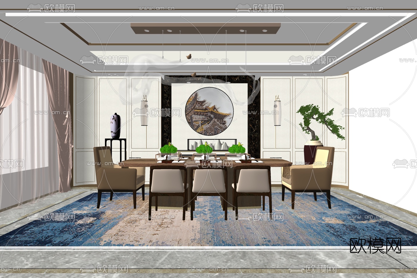 新中式实木餐桌椅免费su模型下载