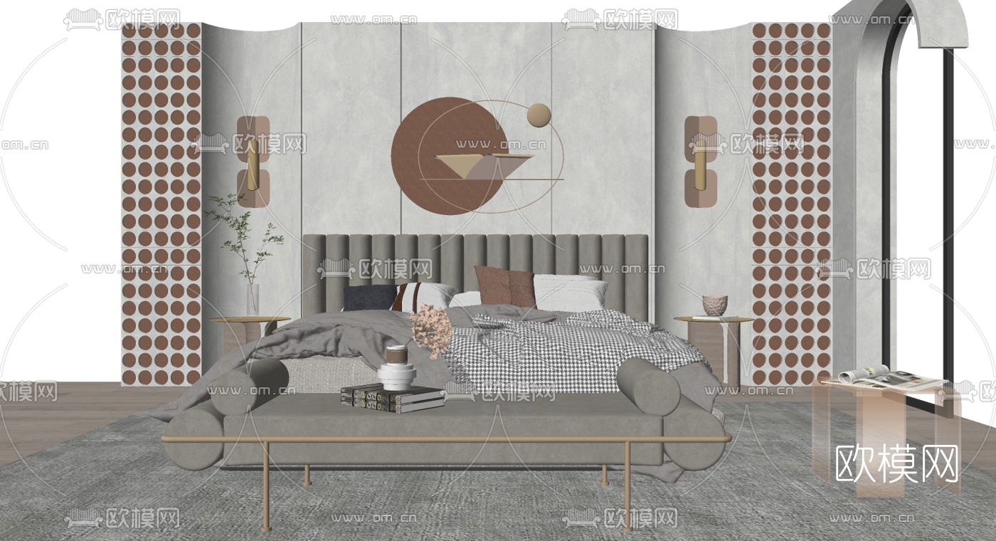 现代布艺双人床su模型下载