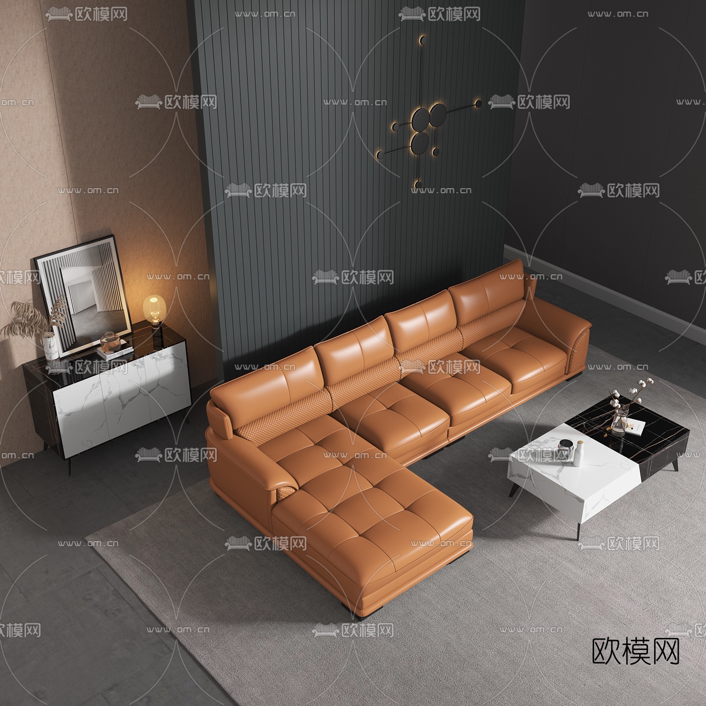 现代皮革转角多人沙发3d模型