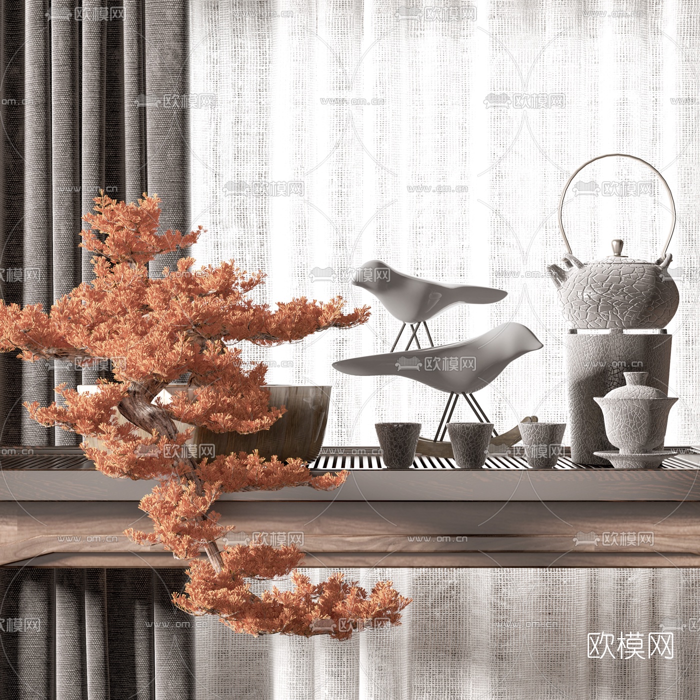 新中式松树盆景茶具摆件3d模型