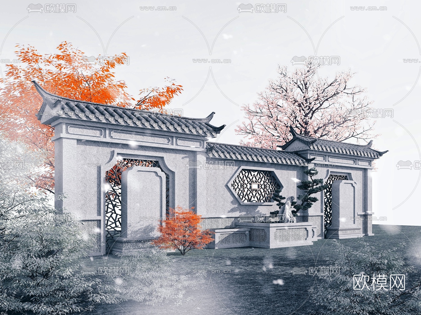 中式园林浮雕墙3d模型