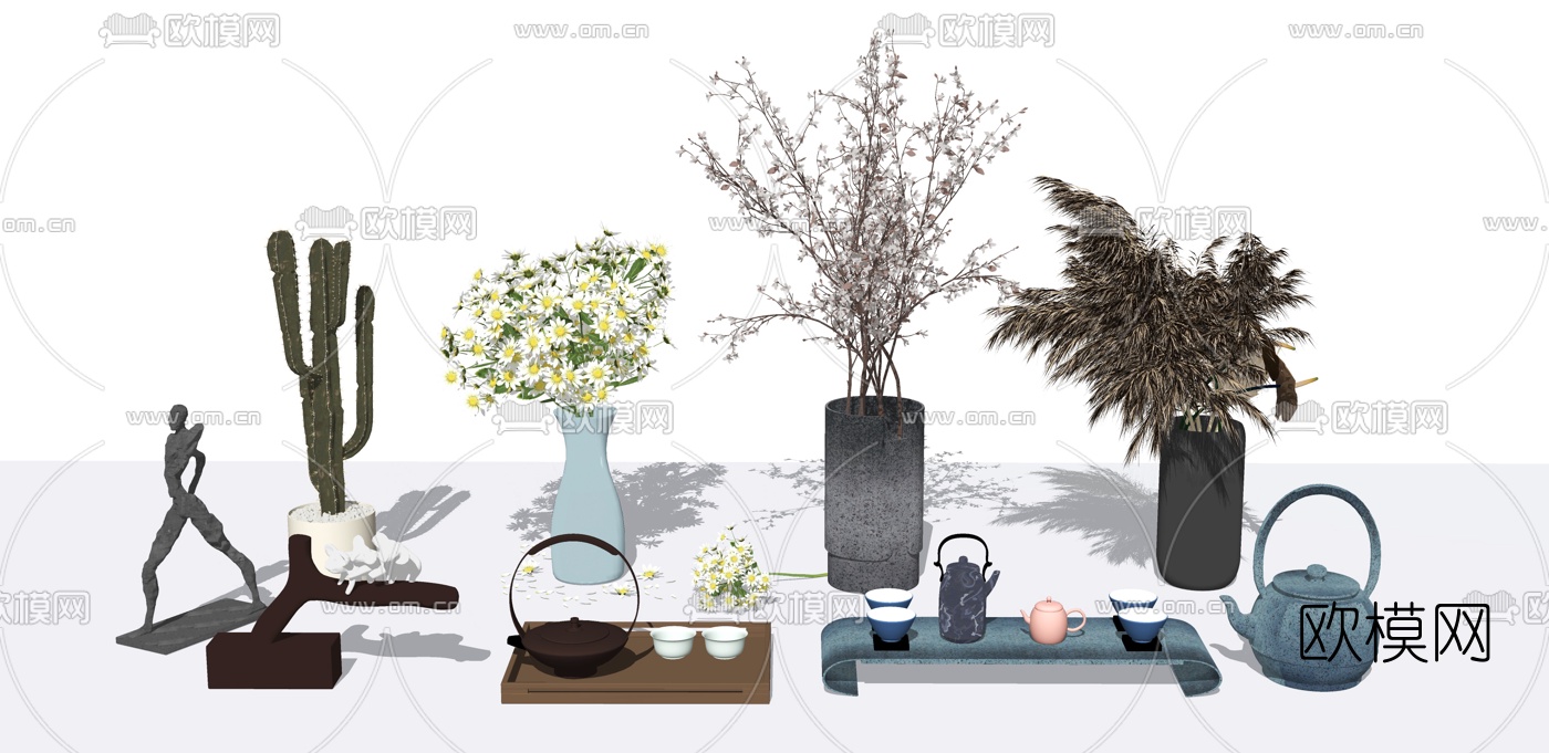 新中式花瓶干花雕塑茶具摆件su模型