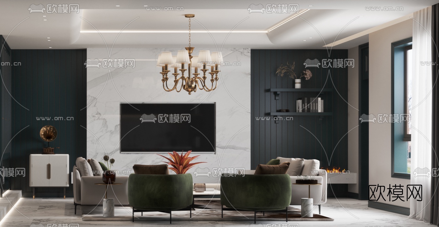 简欧客厅餐厅3d模型下载（渲染图3）