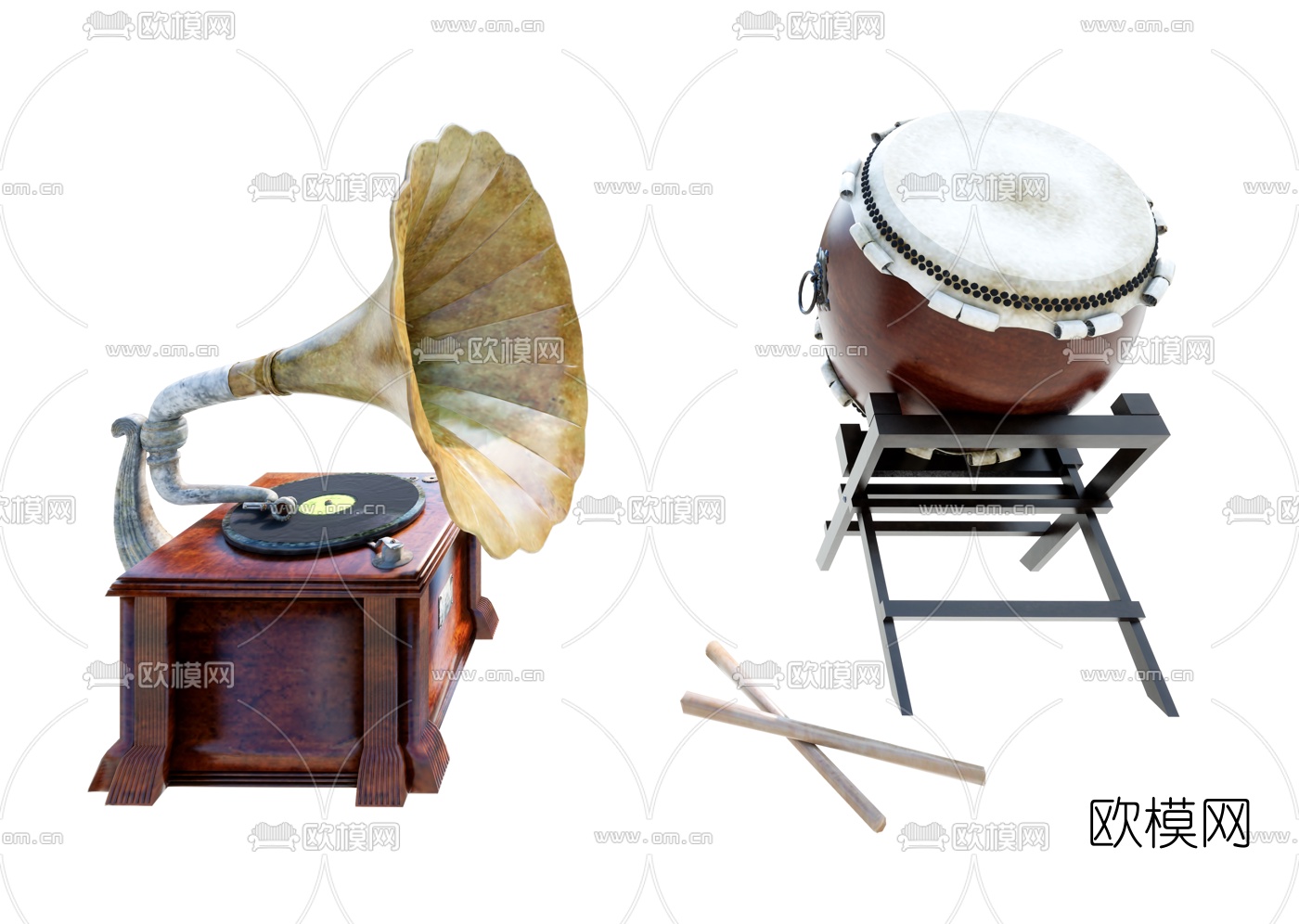 欧式留声机与鼓su模型下载（渲染图2）
