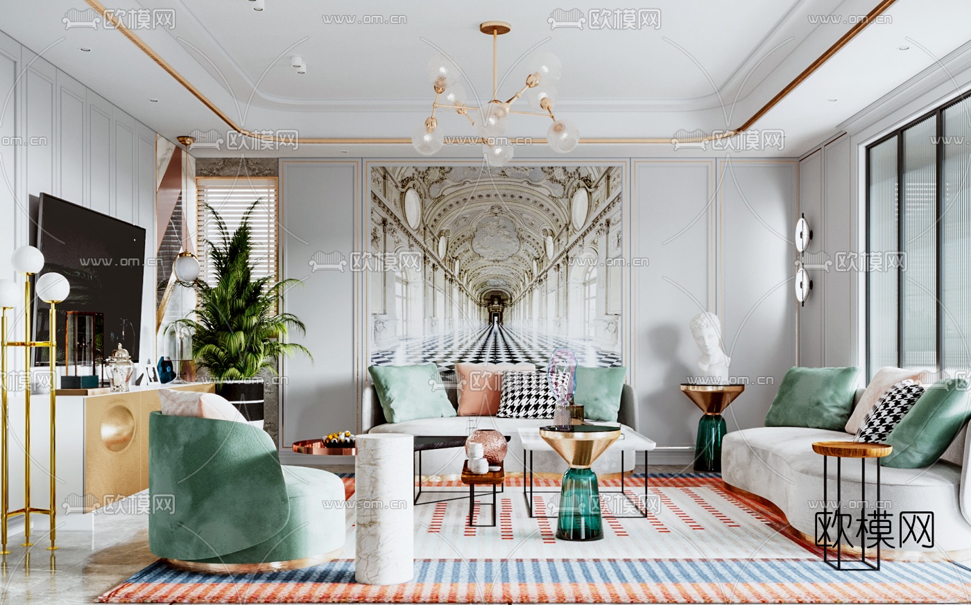 简欧轻奢布艺沙发组合3d模型下载