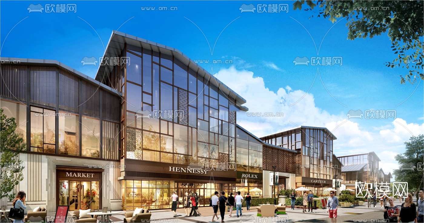 现代商业街su模型下载（渲染图2）
