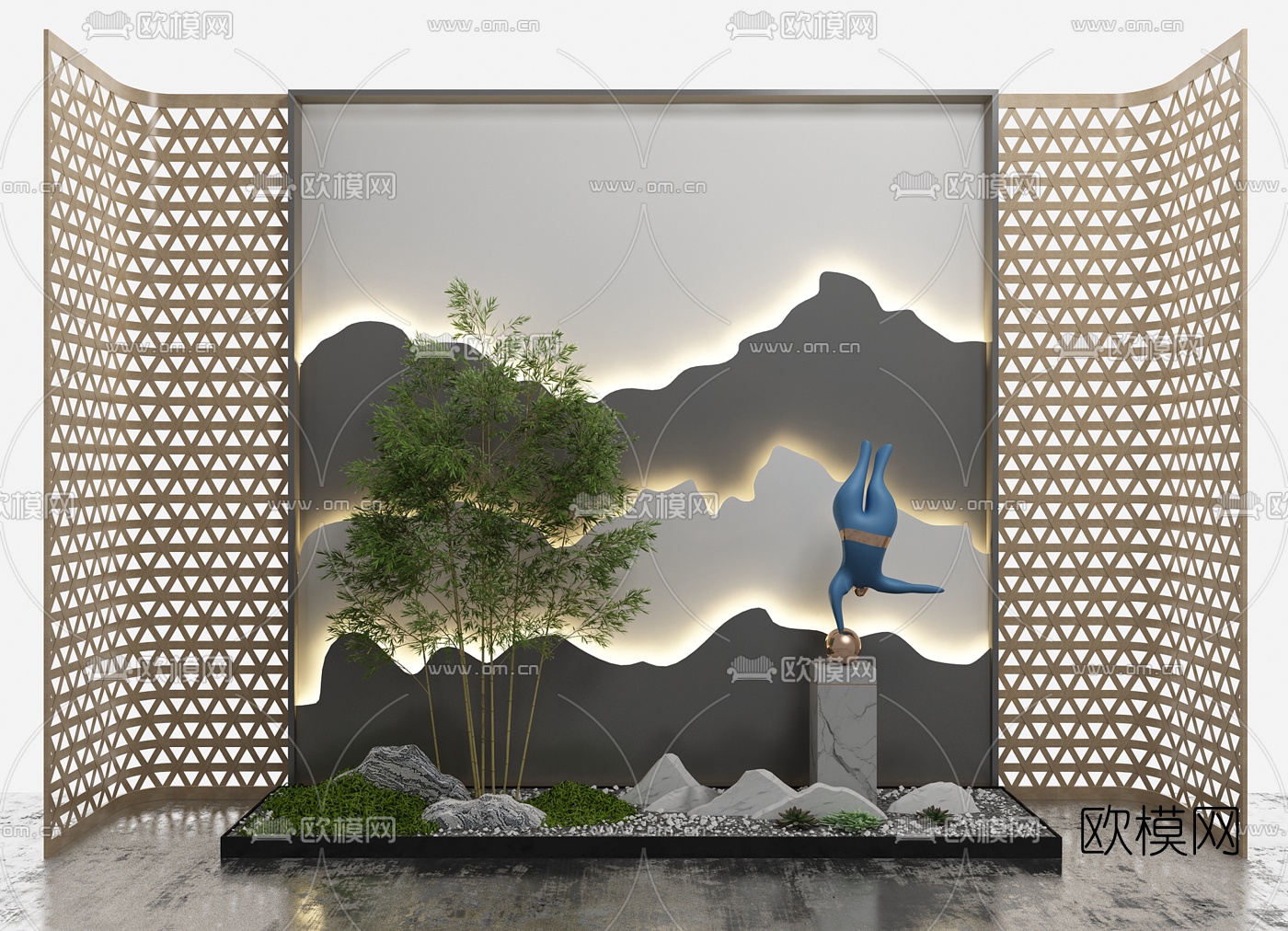 新中式雕塑竹子假山景观小品3d模型下载