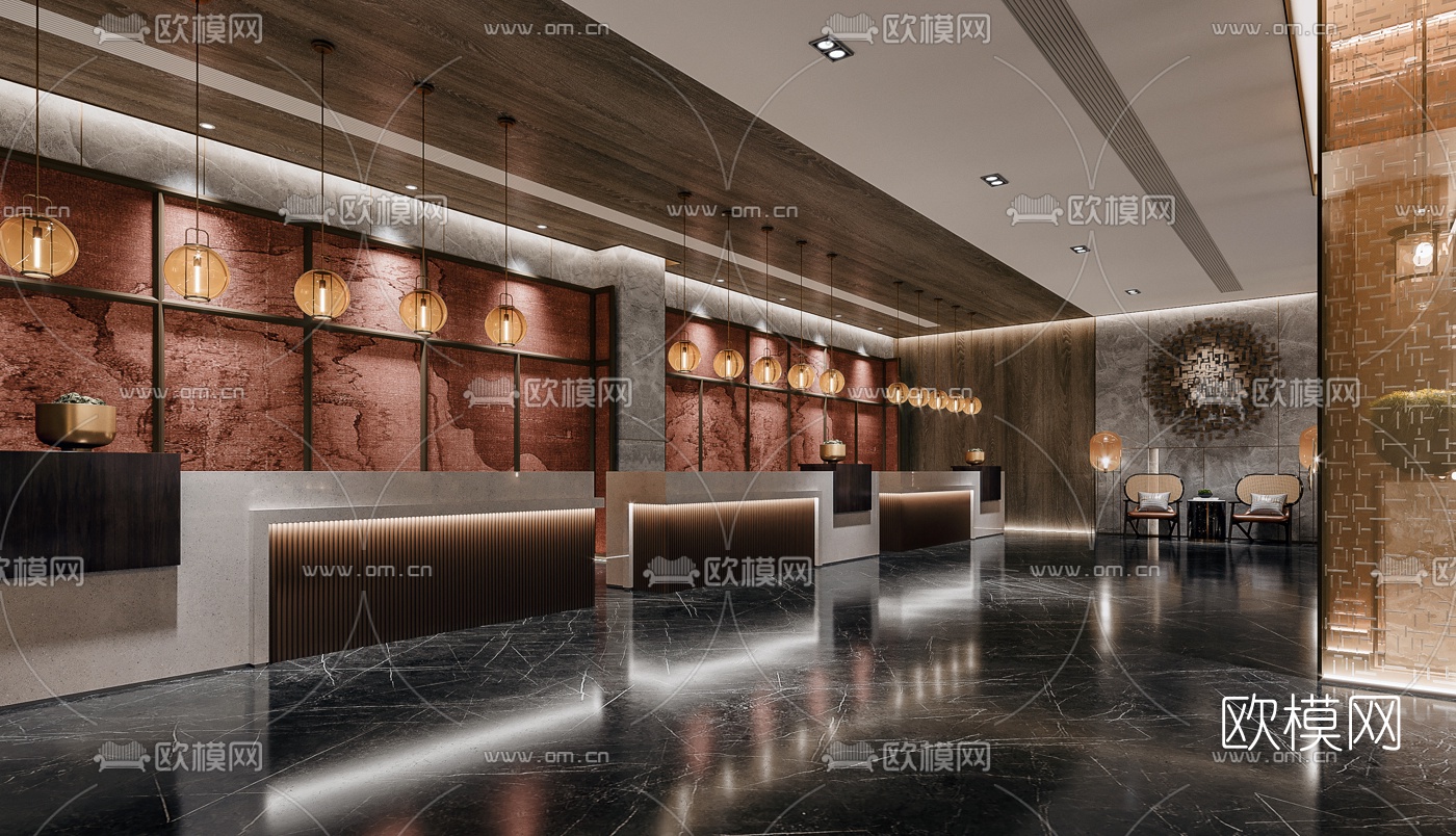 新中式酒店大堂吧3d模型