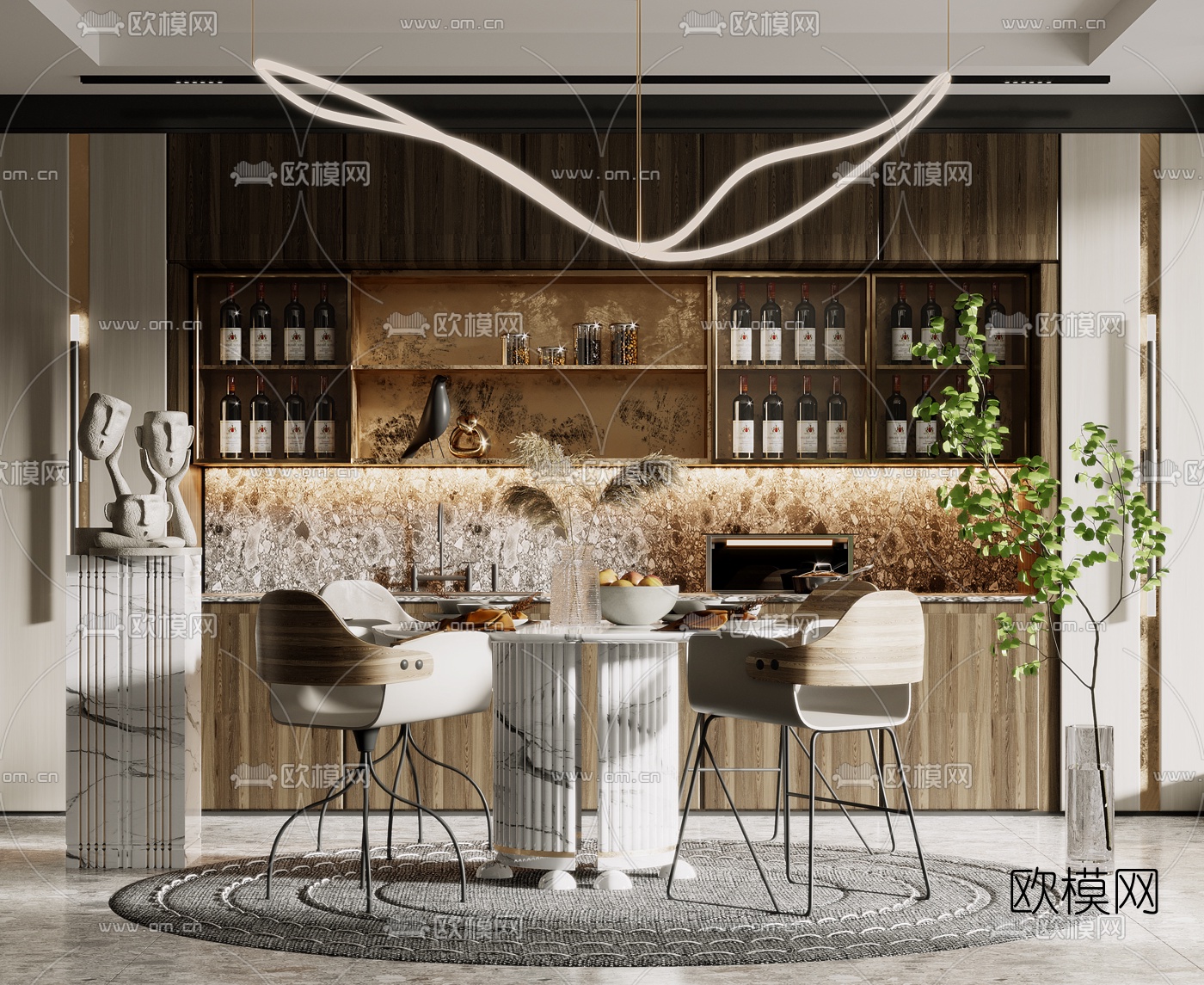 现代大理石圆形餐桌椅3d模型下载（渲染图1）